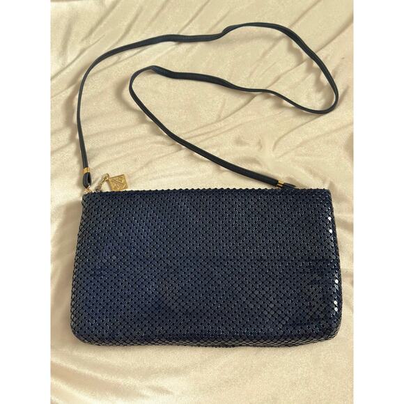 Vintage Navy Blue Crossbody Purse Chainmaille Whiting & Davis Aluminum Mesh Gold - Picture 3 of 13